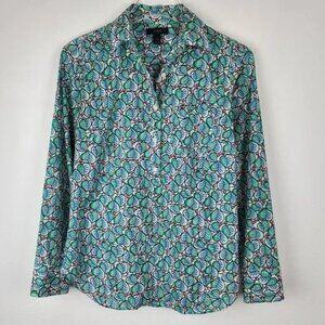 J Crew Leaves & Berries Green Blue Popover Button Front Shirt